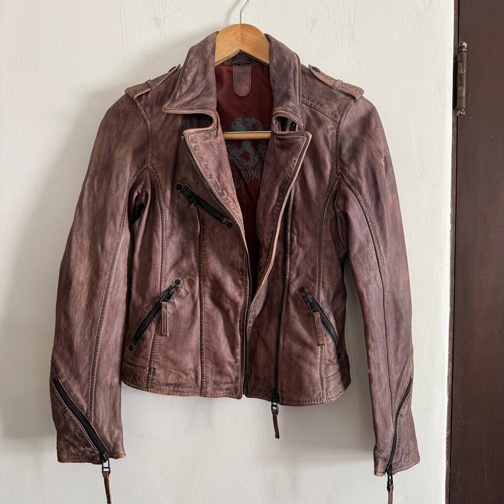 Y2K Vintage Gipsy Brown Distressed Leather Moto Jacket Peace Sign Extra Small - Picture 2 of 7